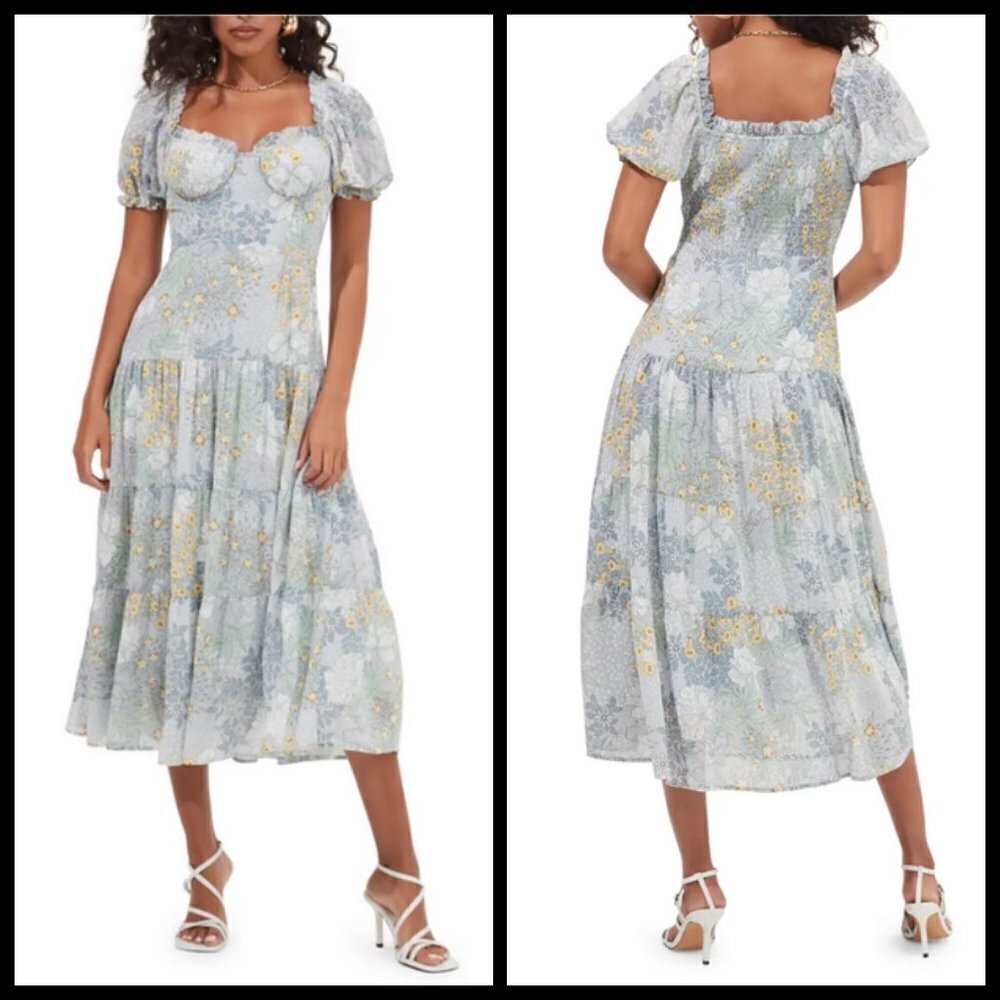 💕ASTR💕 Floral Print Midi Dress Puff Sleeves ~ Blue Multi-Floral Print XS NWT